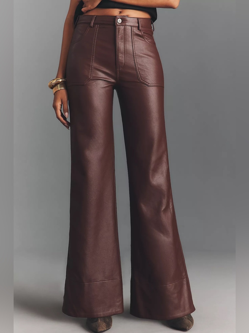 Pilcro Wide-Leg The Rylan Faux-Leather High-Rise Flare Pants Cocoa Brown - Picture 2 of 11